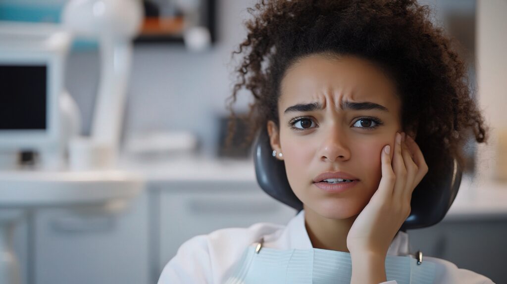 Young Female with Toothache Holding Cheek in Dental Office Setting