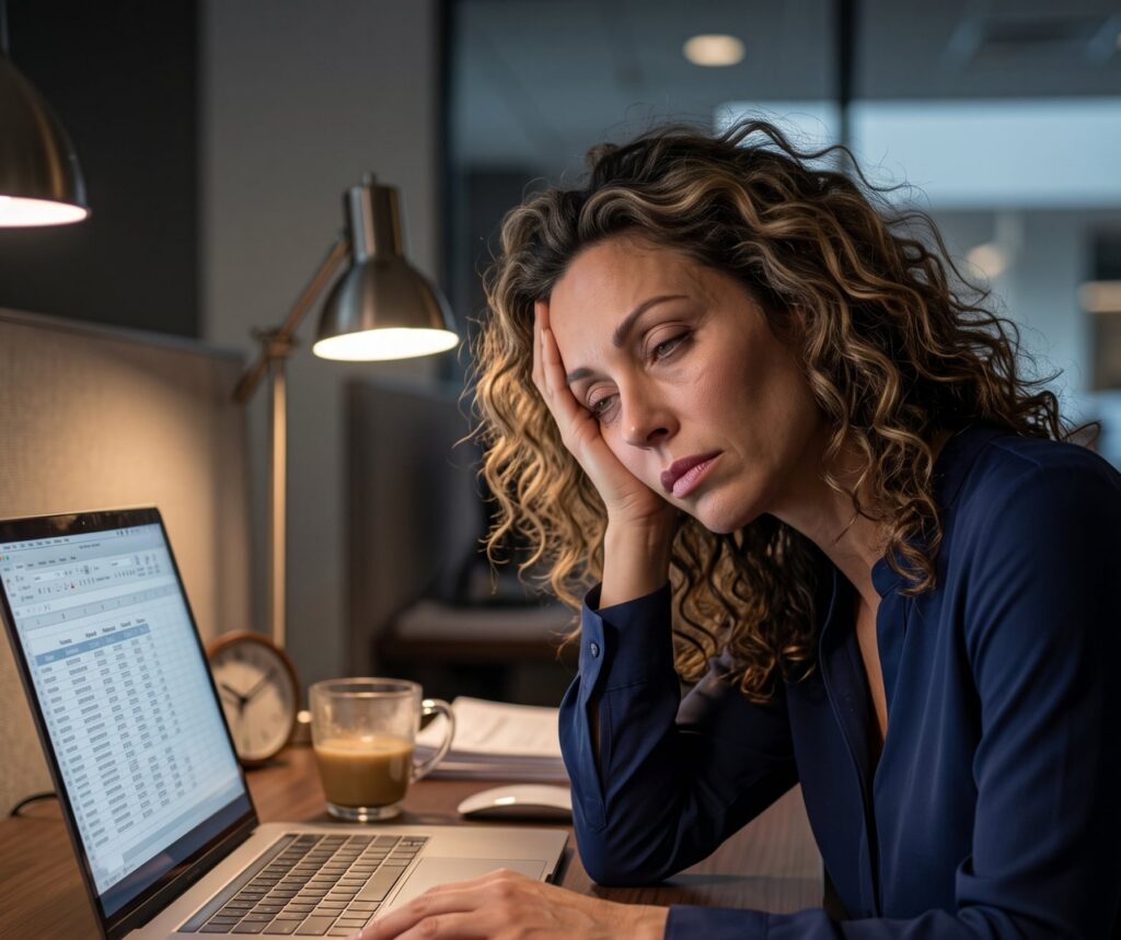 Woman at a desk resting her head on her hand while looking at a laptop screen filled with spreadsheets a coffee mug nearby under office lighting