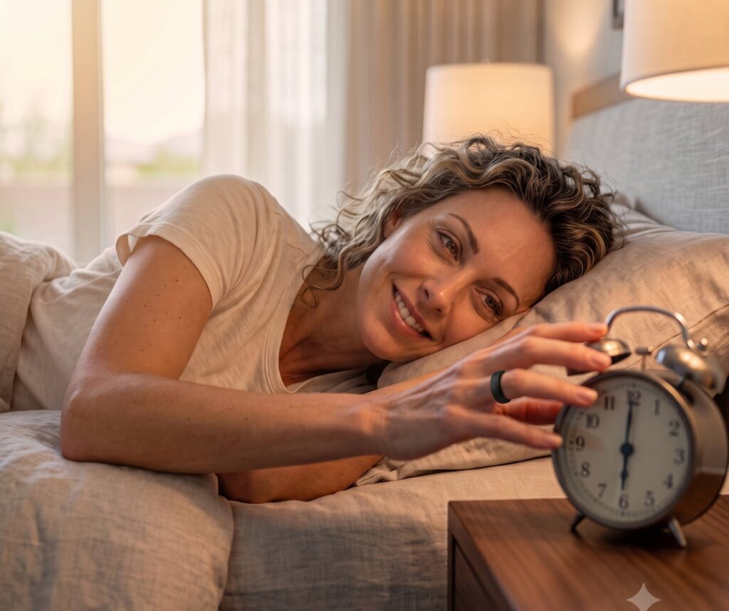 Woman lying in bed reaching to turn off an analog alarm clock on a nightstand in a sunlit bedroom