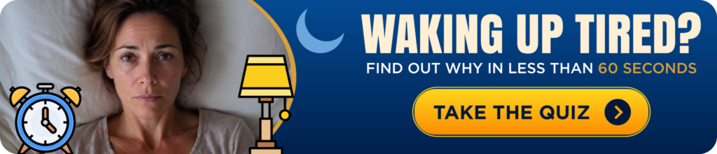Promotional banner with a tired woman in bed clock and lamp icons on the left bold headline Waking up tired Find out why in less than 60 seconds and a yellow rounded button reading TAKE THE QUIZ on the right