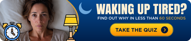 Promotional banner with a tired woman in bed clock and lamp icons on the left bold headline Waking up tired Find out why in less than 60 seconds and a yellow rounded button reading TAKE THE QUIZ on the right