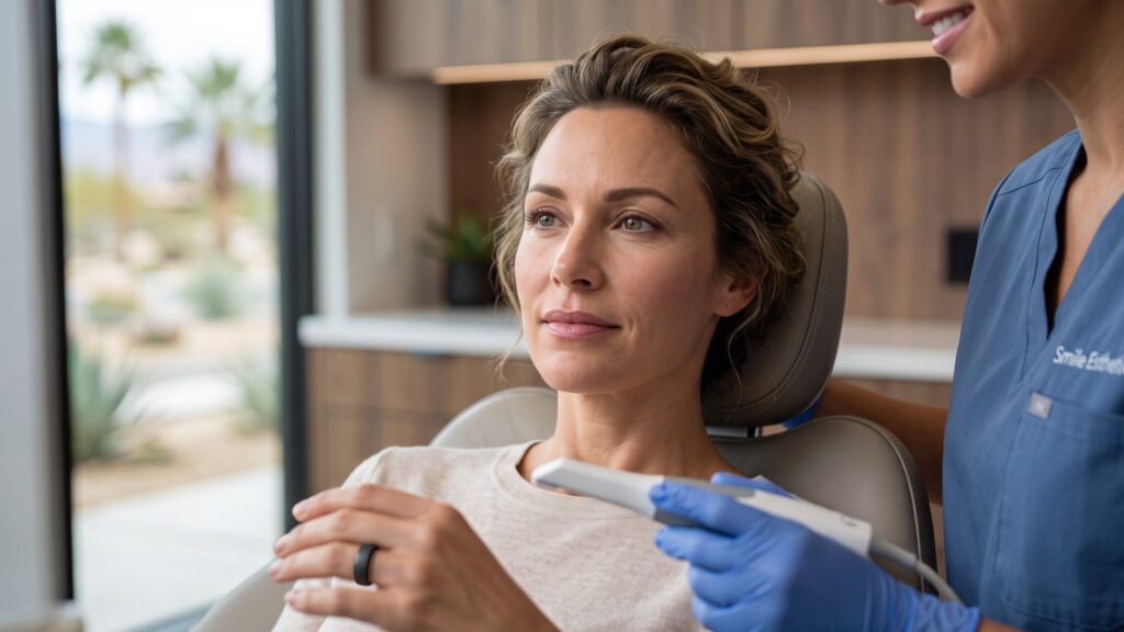 Woman in a dental chair gazes out the window as a clinician in blue scrubs prepares a dental tool beside her