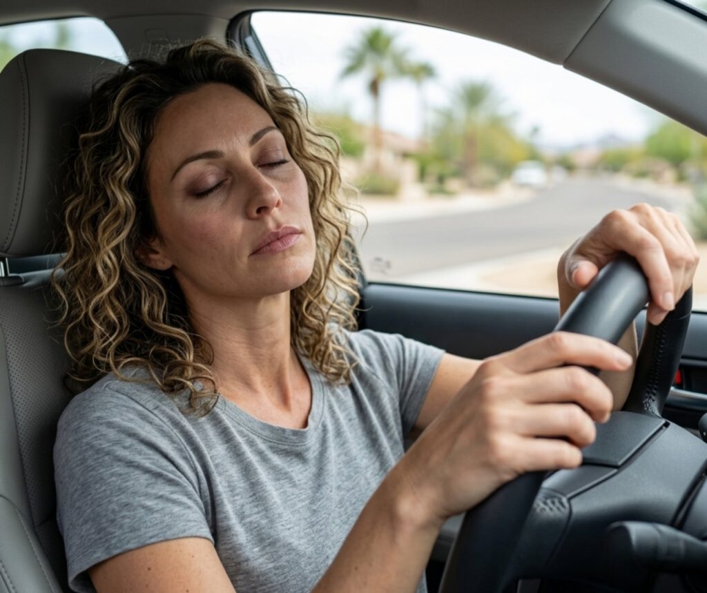Woman driving a car with eyes closed resting her head and hands on the steering wheel