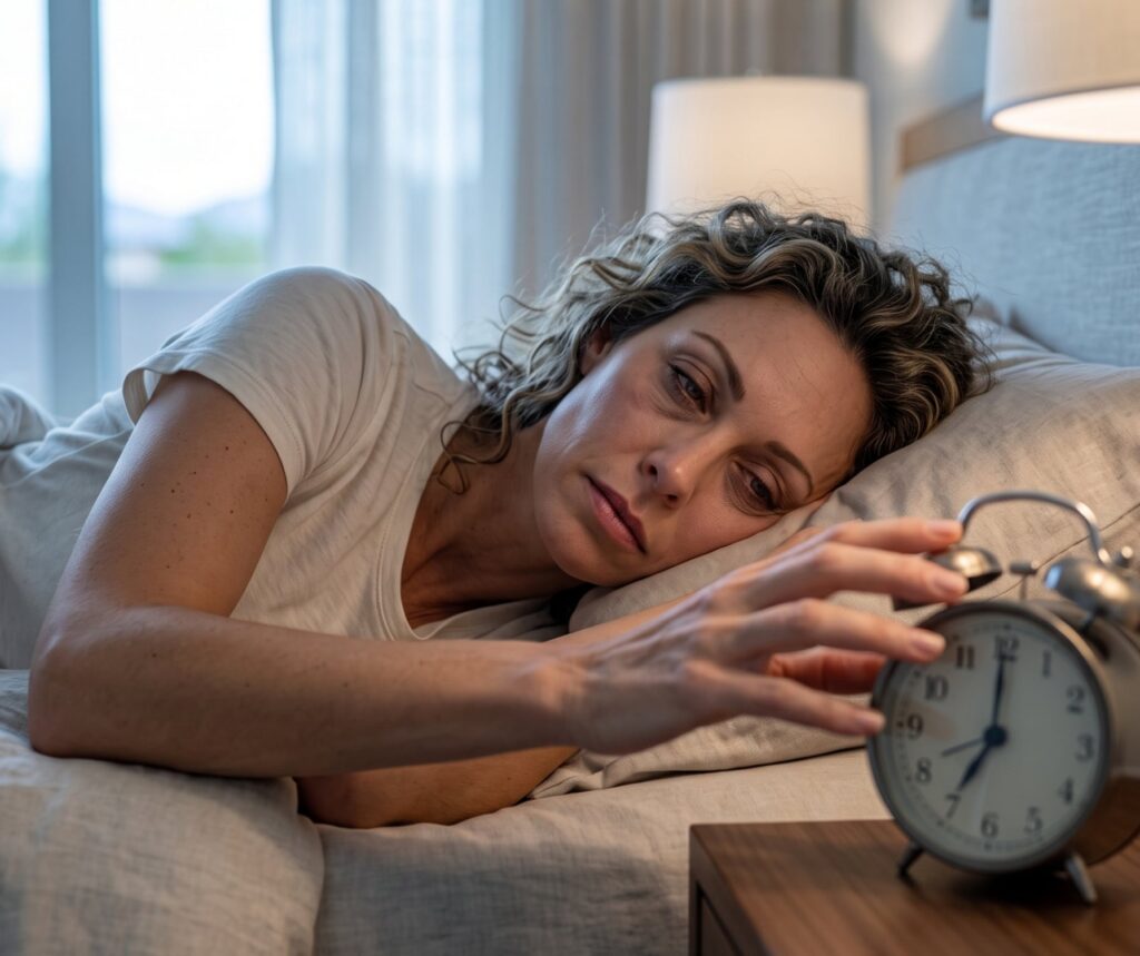 Woman lying in bed reaching for a bedside analog alarm clock on a wooden nightstand