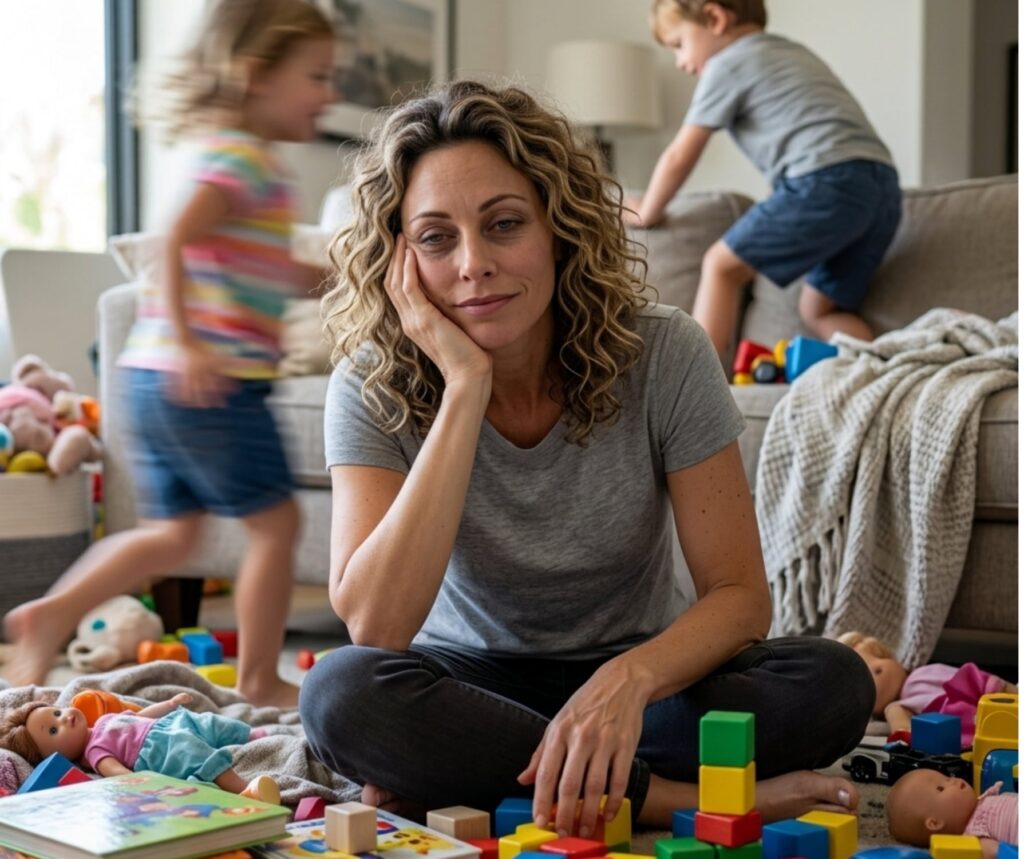Tired looking woman sits on the living room floor with hands on her face while children play with toys nearby