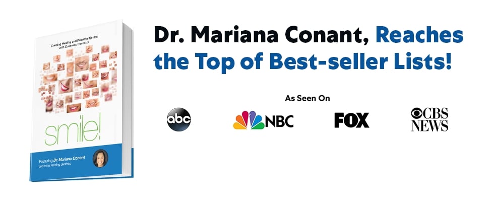 Promotional image for Dr Mariana Conants book Smile with the cover on the left and bestseller logos from ABC NBC FOX and CBS News on the right